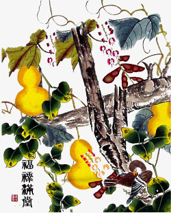 葫芦瓜手绘中国画彩色葫芦瓜藤藤蔓高清图片