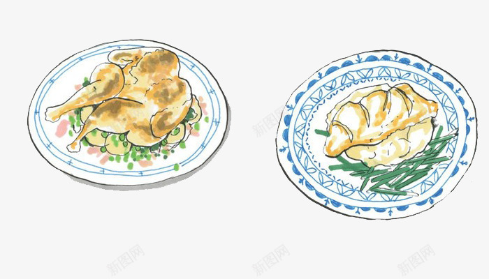 鸡与煎饺png免抠素材_新图网 https://ixintu.com 中餐 卡通 插画 整只鸡 煎饺 盘子 绘画 食物 鸡肉