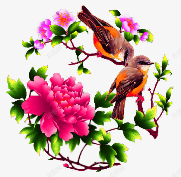 红色清新花鸟装饰图案png免抠素材_新图网 https://ixintu.com 免抠PNG 清新 红色 花鸟 装饰图案