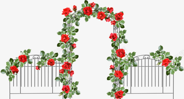 栅栏和花朵png免抠素材_新图网 https://ixintu.com 手绘 栅栏 简图 红色的 绿色的 花朵 藤条 铁质 门