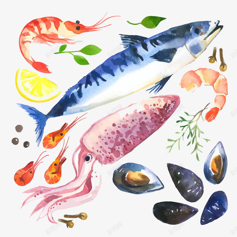 水彩海鲜png免抠素材_新图网 https://ixintu.com 扇贝 柠檬 水彩图案 海洋生物 海鲜 虾 鱼类