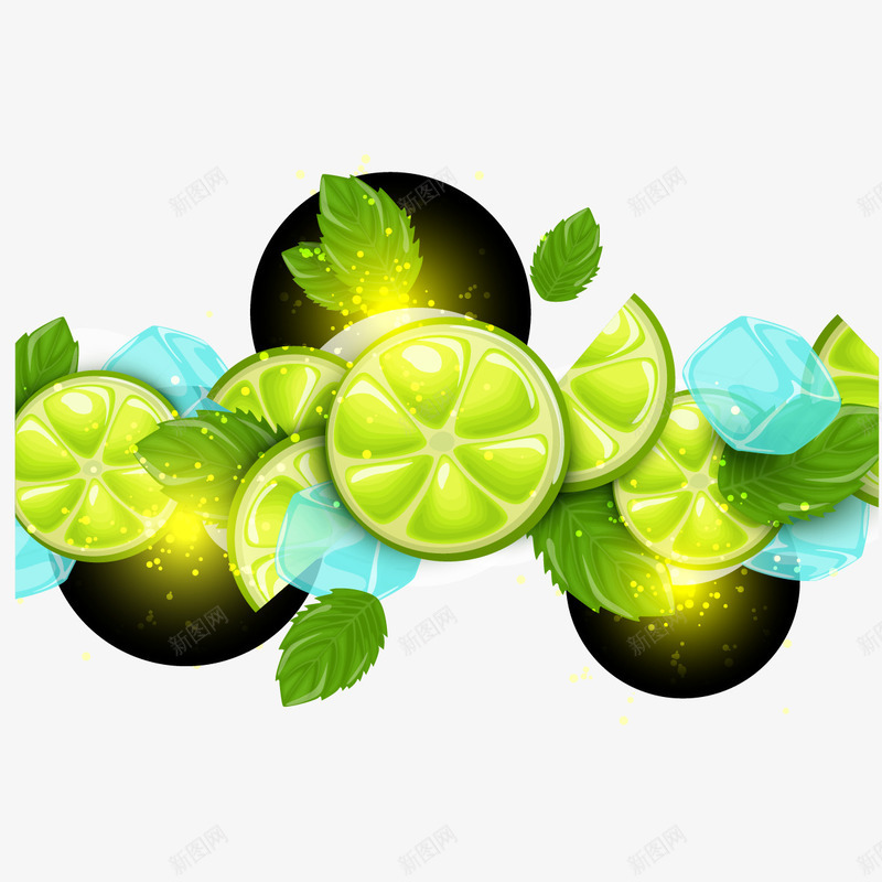 水果和冰块png免抠素材_新图网 https://ixintu.com 冰块 叶子 水果 青柠檬