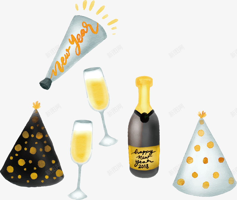 水彩手绘新年狂欢派对png免抠素材_新图网 https://ixintu.com 干杯 庆祝新年 新年派对 新年狂欢 矢量png 聚会干杯
