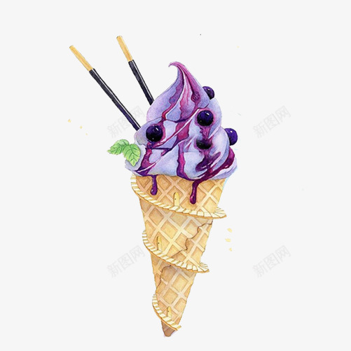 蓝莓蛋筒手绘画片png免抠素材_新图网 https://ixintu.com 冰淇淋 冷饮 手绘美食 水果味 蓝莓味 蛋筒