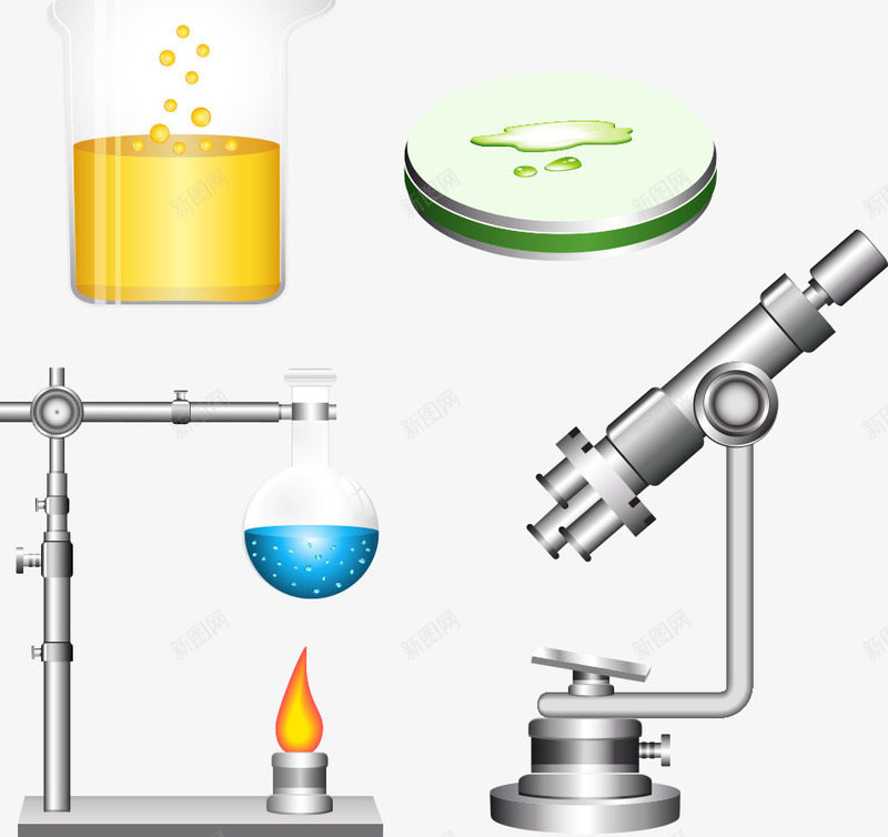 化学品与显微镜png免抠素材_新图网 https://ixintu.com 化学品 卡通显微镜 显微镜 火焰 瓶子 矢量显微镜
