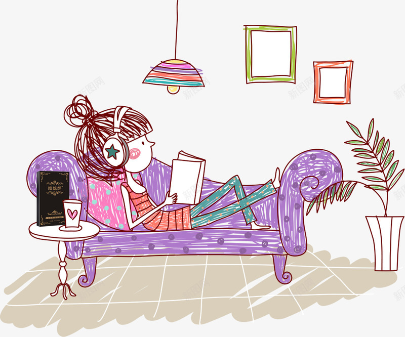 躺在沙发上看书的女孩png免抠素材_新图网 https://ixintu.com 听歌 女孩 家具 手绘 沙发 看书 绘画 耳机