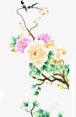 中秋节手绘彩色花朵绿叶素材