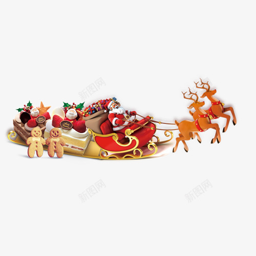 圣诞老人麋鹿拉雪橇png免抠素材_新图网 https://ixintu.com 卡通色彩 圣诞老人 雪橇 麋鹿