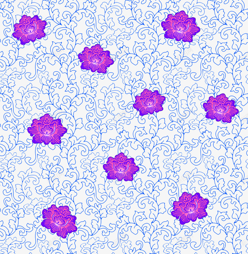 花藤花朵装饰图案psd免抠素材_新图网 https://ixintu.com 图案设计 家纺家饰图案 红色花朵 蓝色花藤 装饰图案纹样