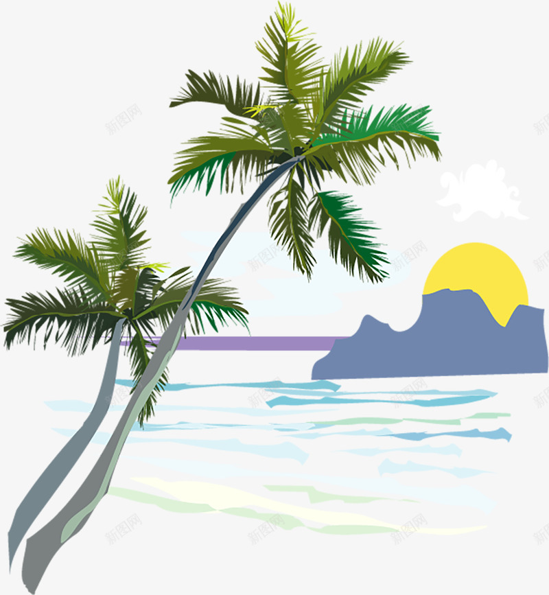 海边椰子树矢量图eps免抠素材_新图网 https://ixintu.com 太阳 椰子树 海浪 海边 矢量图
