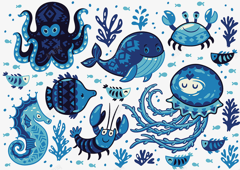 蓝色海洋生物背景图案png免抠素材_新图网 https://ixintu.com 创意背景图案 时尚花纹背景 蓝色海洋生物