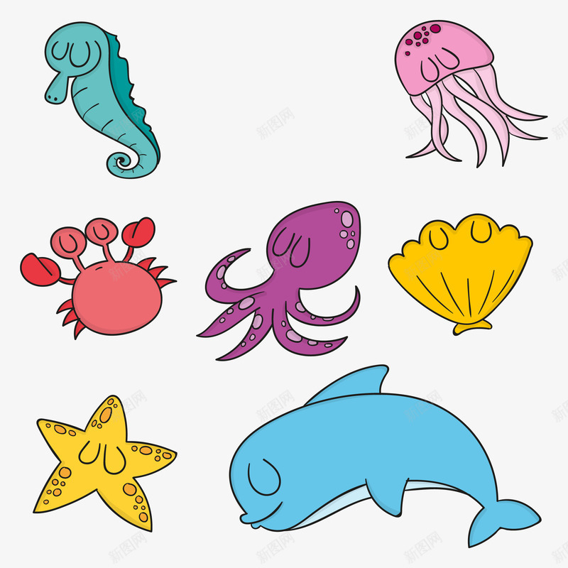 手绘的海洋动物png免抠素材_新图网 https://ixintu.com 乌贼 手绘 海星 海洋动物 海豚 章鱼 螃蟹