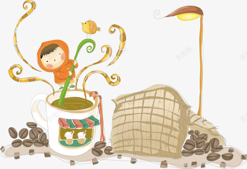 散落咖啡豆png免抠素材_新图网 https://ixintu.com 咖啡 咖啡豆 小男孩 植物 藤蔓