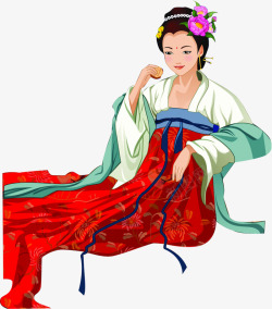 中秋节手绘绿衣红裙素材