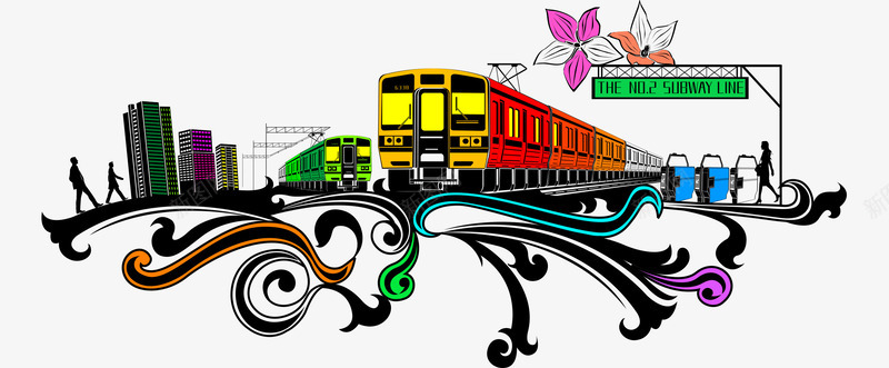 卡通手绘黑色藤蔓上火车城市剪影png免抠素材_新图网 https://ixintu.com 卡通的火车 城市剪影 平面火车素材 手绘的城市 黑色的藤蔓