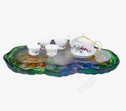 印花瓷碗彩色茶台上的茶壶高清图片