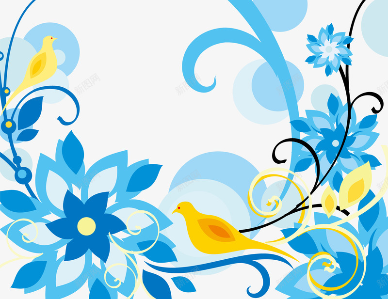 小鸟蓝色花纹png免抠素材_新图网 https://ixintu.com 春天矢量元素 自然植物 蓝色花朵 藤条 装饰图案 黄色小鸟