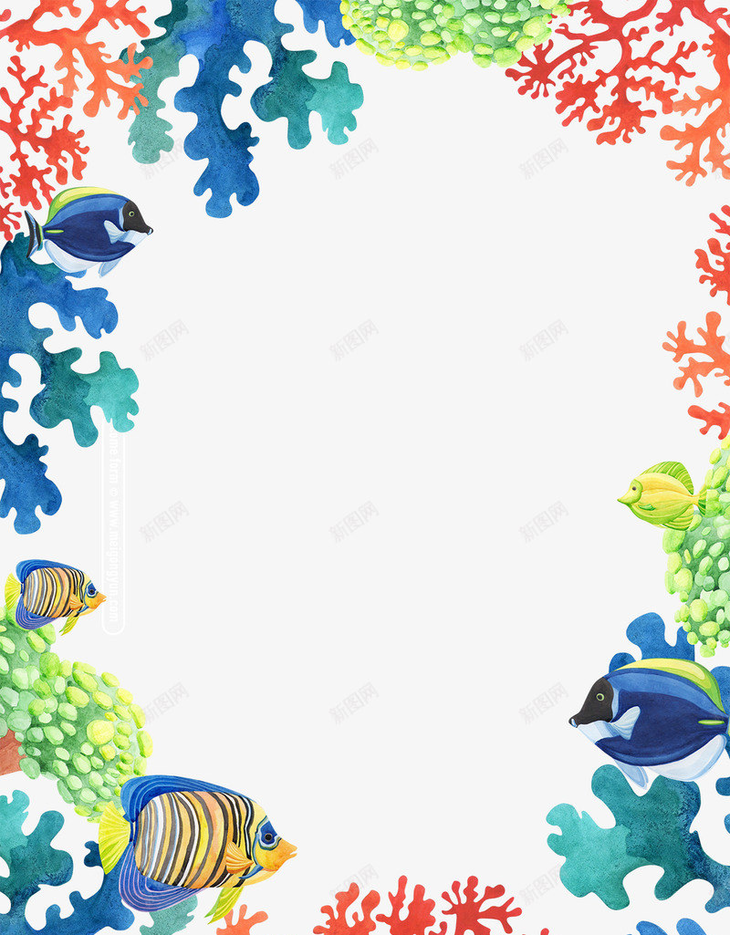 海洋主题海洋生物边框png免抠素材_新图网 https://ixintu.com 海报设计 海洋主题 海洋生物 海洋生物边框 珊瑚 边框设计 鱼儿