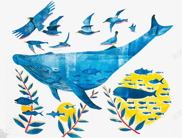 蓝色鲸鱼png免抠素材_新图网 https://ixintu.com 卡通 手绘 水彩 海洋 绿叶 蓝色 装饰 鲸鱼