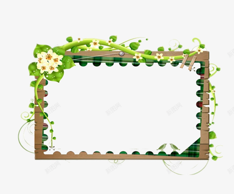 木质边框png免抠素材_新图网 https://ixintu.com 叶子 手绘 木质边框 白色的 绿色的 花朵 藤条