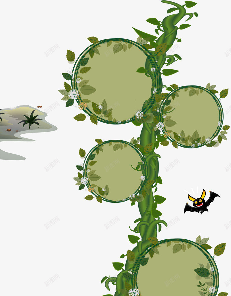 绿色藤蔓png免抠素材_新图网 https://ixintu.com 叶子 圆形边框 树叶 绿色藤蔓 黑色蝙蝠