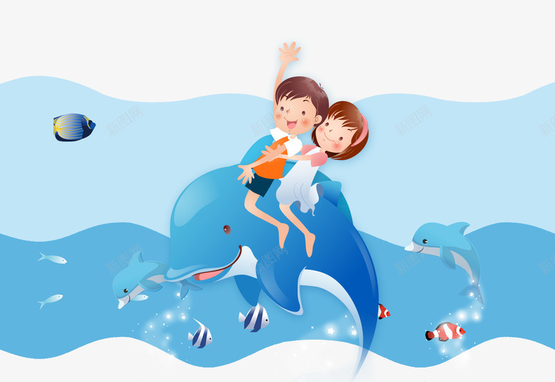 卡通海洋世界png免抠素材_新图网 https://ixintu.com 女孩 海洋世界 海豚 男孩