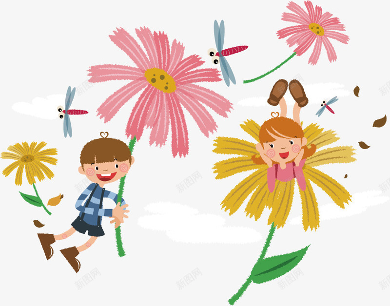 儿童绘画png免抠素材_新图网 https://ixintu.com 儿童 儿童绘画 卡通动漫 向阳花 孩子 梦想 花朵 蜻蜓 飞翔