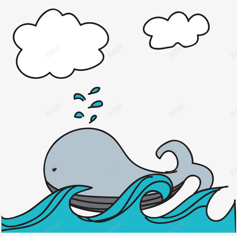 手绘海面鲸鱼png免抠素材_新图网 https://ixintu.com 动物 卡通鲸鱼 手绘鲸 海水 海洋 海洋生物 海浪 海面 白去 鲸鱼