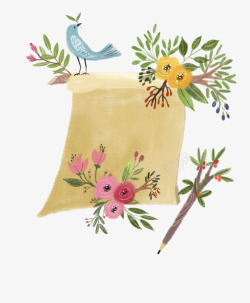 手绘水彩花鸟装饰纸质边框素材