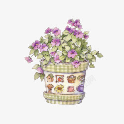 田园色彩花盆里紫色的花朵可爱手绘高清图片