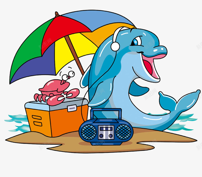 卡通海豚与螃蟹png免抠素材_新图网 https://ixintu.com 度假 收音机 沙滩 海洋生物 海豚 海边 螃蟹