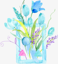 淡蓝色水彩水墨花卉素材