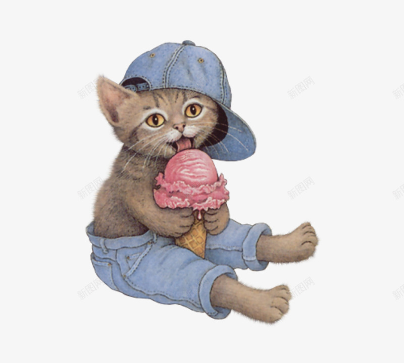 手绘吃冰激凌的猫咪png免抠素材_新图网 https://ixintu.com 可爱 吃冰激凌 手绘 猫咪 绘画