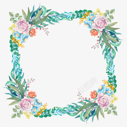 方形印花手绘彩色植物花卉方形花框高清图片