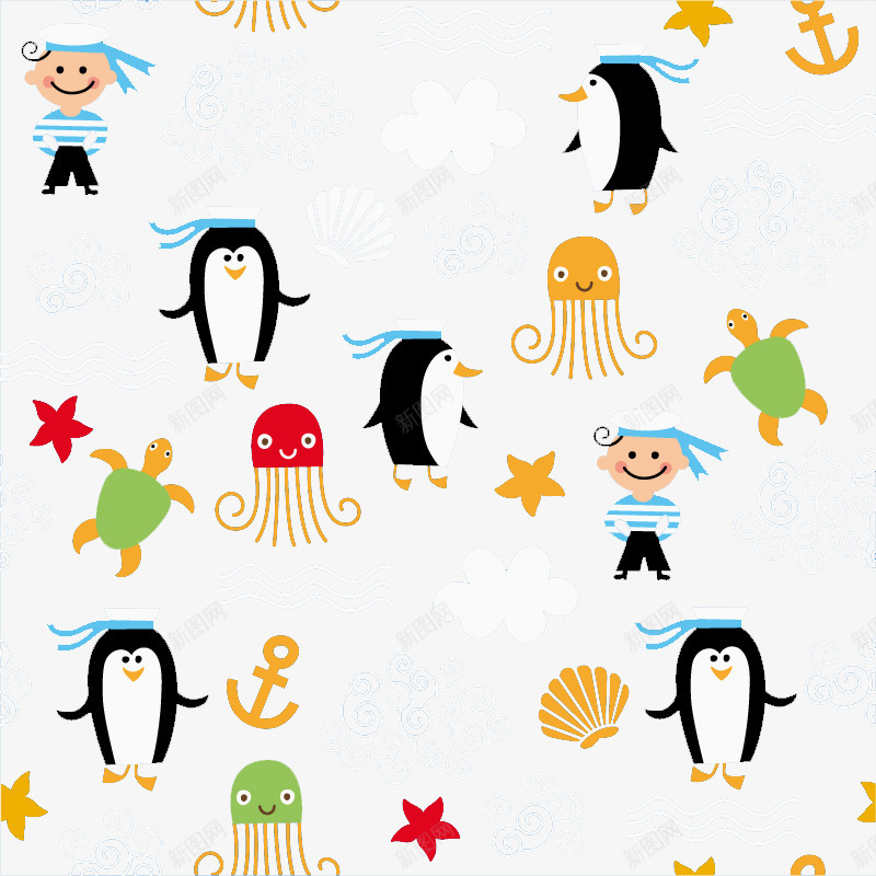 卡通海洋元素插画png免抠素材_新图网 https://ixintu.com 企鹅 免费png图片 免费矢量 海洋 章鱼