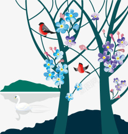 手绘花鸟树图案素材