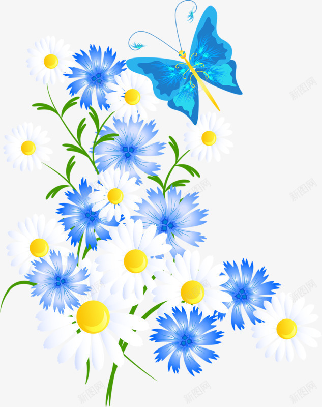 手绘色彩花朵png免抠素材_新图网 https://ixintu.com 水彩画 白色雏菊 蓝色花朵 蓝色蝴蝶
