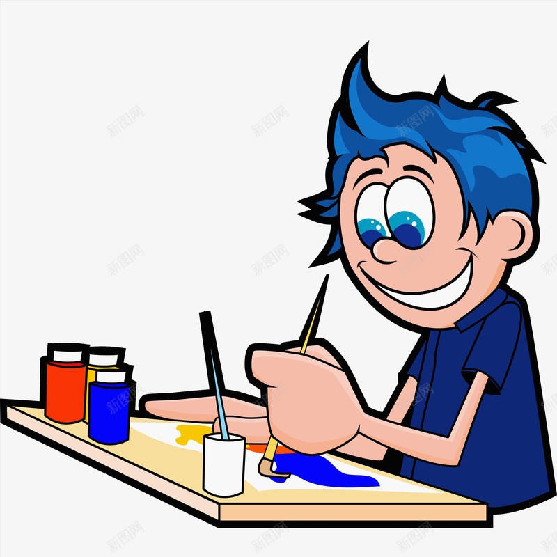 画画的男孩png免抠素材_新图网 https://ixintu.com 卡通人物 年轻人 手绘卡通 男孩 画画美术 色彩颜料 蓝色头发