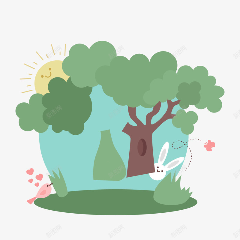 卡通绿色森林植物png免抠素材_新图网 https://ixintu.com 卡通植物 小白兔 树木 绿色森林 绿色植物 背景装饰