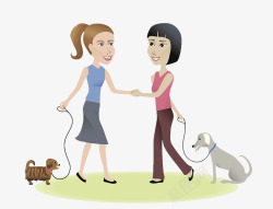 女孩和狗插图牵着狗的两个女孩相遇高清图片