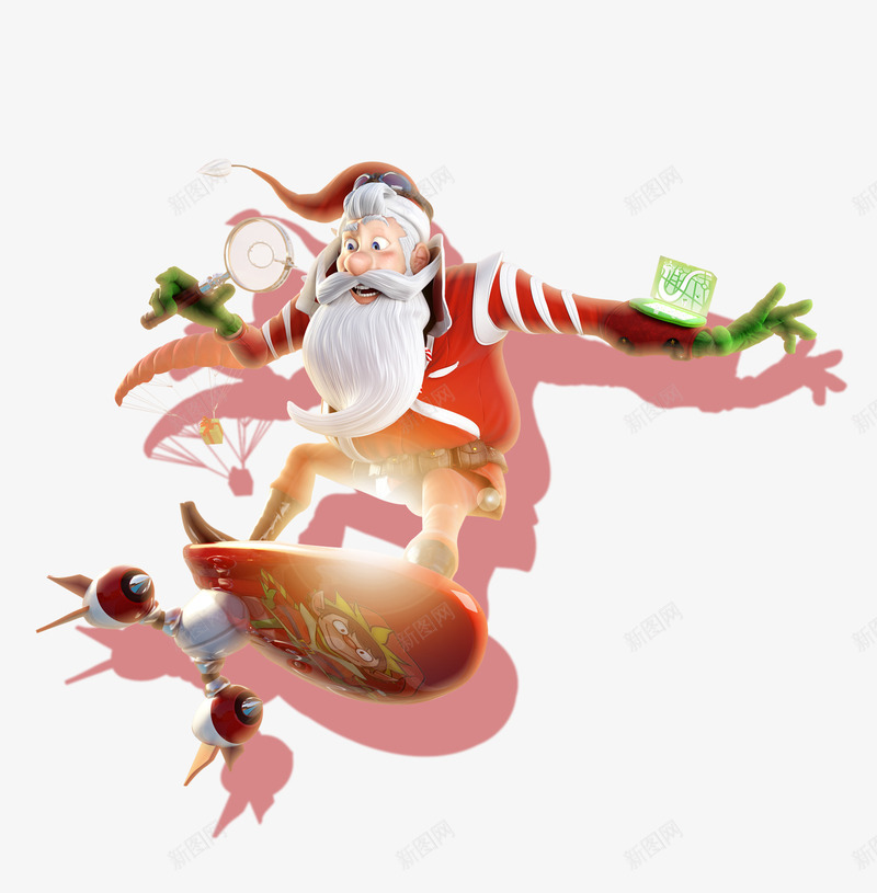 卡通圣诞老人滑滑板png免抠素材_新图网 https://ixintu.com 卡通圣诞老人滑滑板 发光的滑板 火箭滑板 飞翔的圣诞老人
