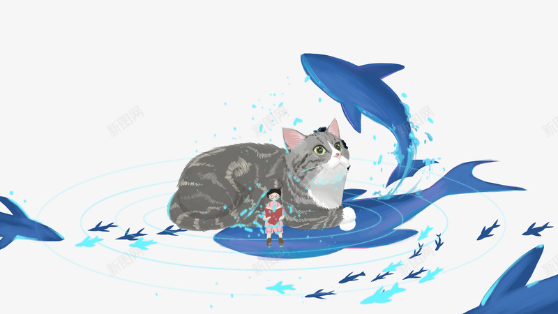 卡通手绘猫咪看蓝色的海豚psd免抠素材_新图网 https://ixintu.com 卡通 卡通女孩装饰 手绘 游泳的鱼 猫咪看 蓝色的海豚