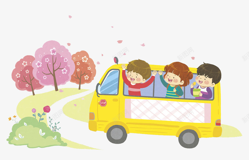 孩子坐车去郊外png免抠素材_新图网 https://ixintu.com 卡通 女孩 开心 手绘 树木 男孩 道路 郊外 黄色的小车