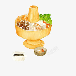 黄色小锅老式铜火锅手绘画片高清图片