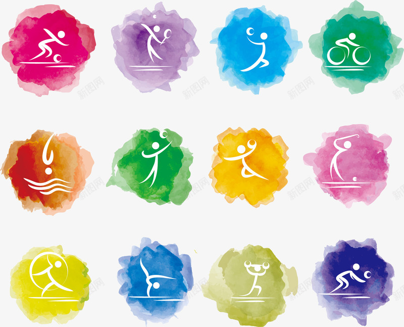 12款水彩绘运动图标矢量图ai_新图网 https://ixintu.com 体育 健身 水彩 运动 运动图标 运动小图标 矢量图