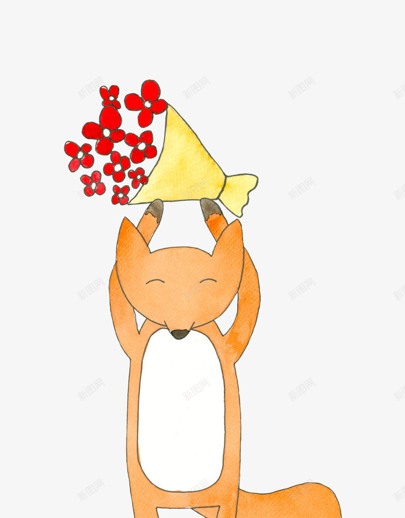 橙色可爱狐狸png免抠素材_新图网 https://ixintu.com 动物 可爱 手绘 橙色 狐狸 红花 花朵 花束 闭眼睛