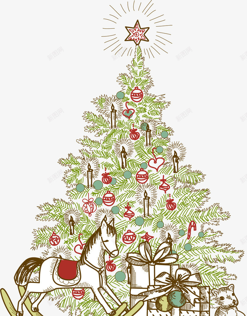手绘圣诞松树彩球星星png免抠素材_新图网 https://ixintu.com 圣诞 彩球 手绘 星星 松树