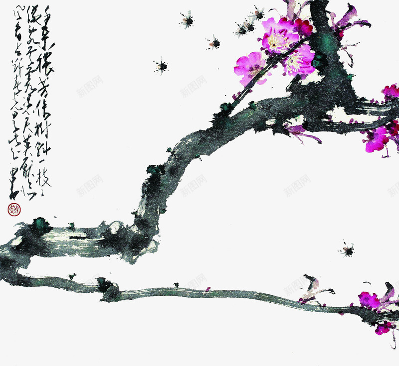 桃花蜜蜂png免抠素材_新图网 https://ixintu.com 书法 国画 国画桃花 树干 桃树 桃花 水墨 绘画 花朵 蜜蜂