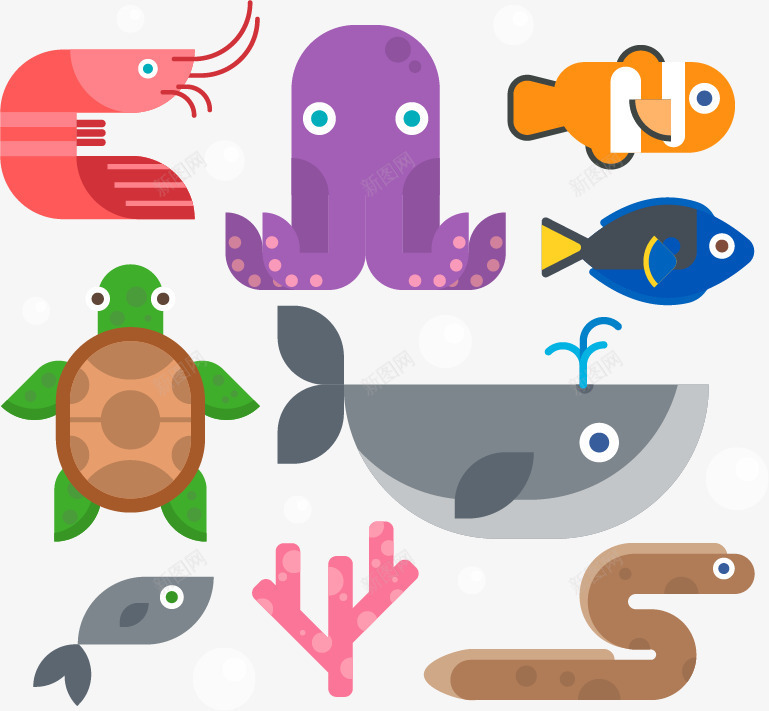8款海洋动物png免抠素材_新图网 https://ixintu.com 扁平化 时尚 海洋动物