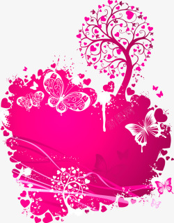 粉色浪漫手绘树木蝴蝶素材